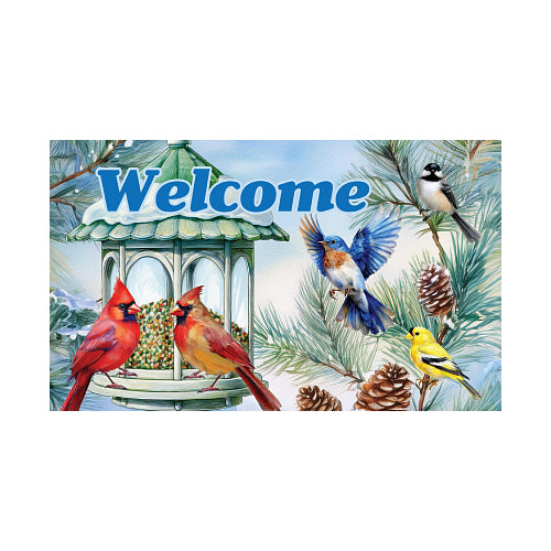 Decorative welcome mat with birds and bird feeder design on a background of a snowy pine tree with pine cones.
