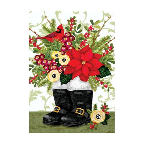 Decorative Christmas-themed design with black boots, red poinsettias, and festive elements on a white background.