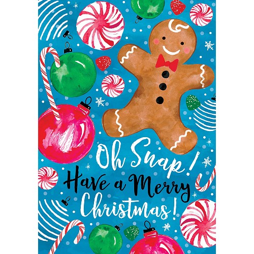 Colorful Christmas-themed flag with gingerbread man, ornaments, and candy with the message "Oh Snap! Have a Merry Christmas on a blue background.