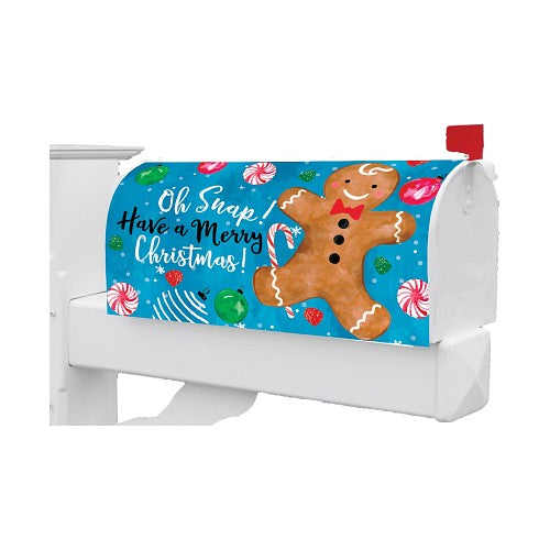 Christmas-themed mailbox cover with gingerbread man design and the message Oh Snap! Have a Merry Christmas on a blue background