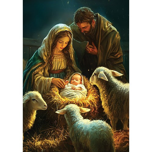 Decorative Christmas flag with a beautiful depiction of a nativity scene with Mary, Joseph, and baby Jesus surrounded by sheep.