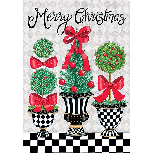 Decorative Christmas flag with topiary trees, red bows, and 'Merry Christmas' text on a checkered background.
