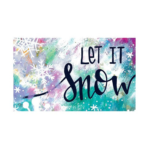 Decorative doormat with 'Let It Snow' text on a colorful watercolor background