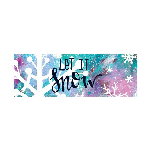 Decorative yard sign with 'Let It Snow' text on a colorful winter-themed, watercolor background