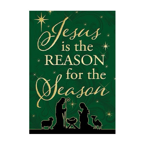 Spiritual Christmas house flag with 'Jesus is the Reason for the Season' text and nativity scene on a green background.