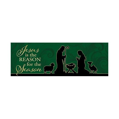 Silhouette of a nativity scene with 'Jesus is the Reason for the Season' text on a green background.