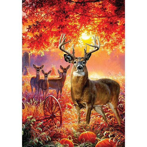 Deer in a forest with pumpkins and a sunset