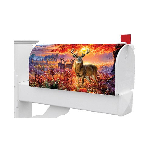 Fall mailbox cover with a deer scene design at twilight