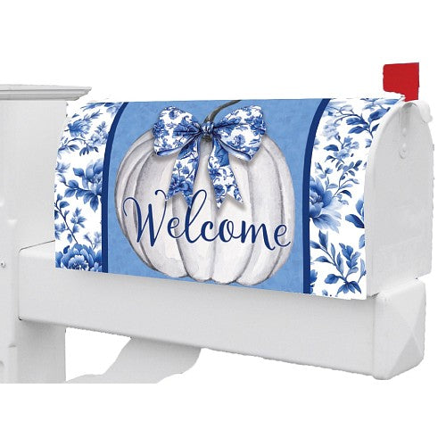 Mailbox cover with blue floral design, white pumpkin, and 'Welcome' text on a blue background