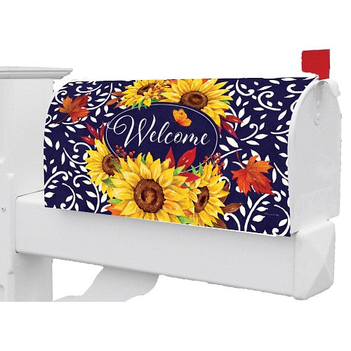 Large mailbox cover featuring sunflowers and the word 'Welcome' on a blue & white background