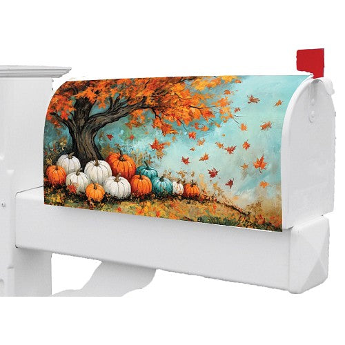 Large mailbox cover with a colorful autumn-theme featuring pumpkins and leaves.