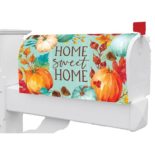 Large mailbox cover with autumn design featuring pumpkins, leaves and 'Home Sweet Home'