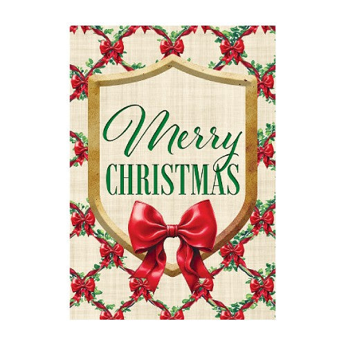 Decorative Christmas sign with 'Merry Christmas' text, red bows, and holly leaves on a beige background.