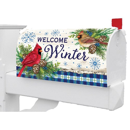Decorative mailbox cover featuring cardinals and winter elements on a white background with the message Welcome Winter.