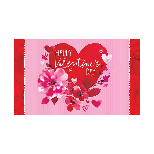 Valentine's Day card with a red heart, flowers, and butterflies on a pink background