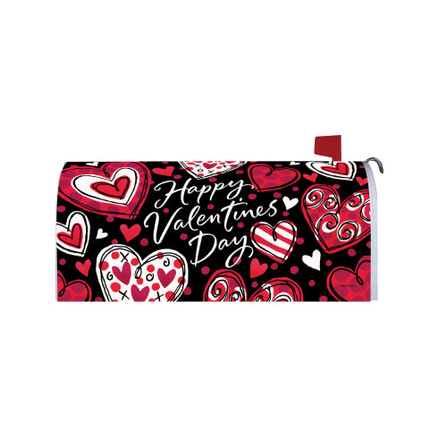 Valentine's Day mailbox cover with hearts and 'Happy Valentine's Day' text on a black background