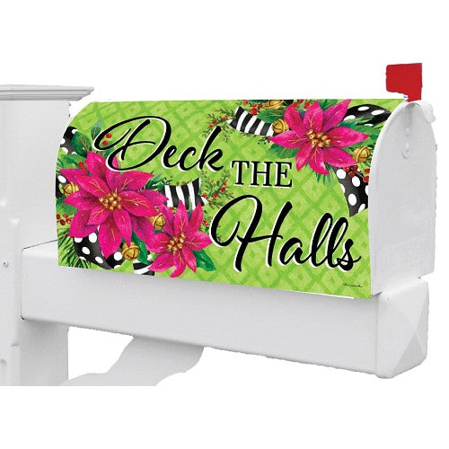 Decorative mailbox cover with 'Deck The Halls' text and poinsettias on a green background.