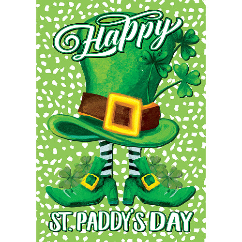 St. Patrick's Day flag with leprechaun hat, shoes, and shamrocks on a green and white spotted background.