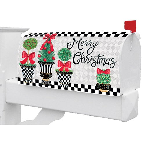 Decorative mailbox cover with Christmas design featuring potted trees and red bows on a checkered background.