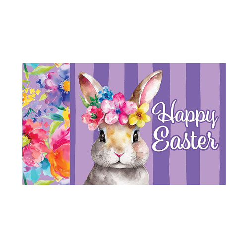 Easter floor mat with a rabbit wearing a floral headband and 'Happy Easter' text on a purple striped background.