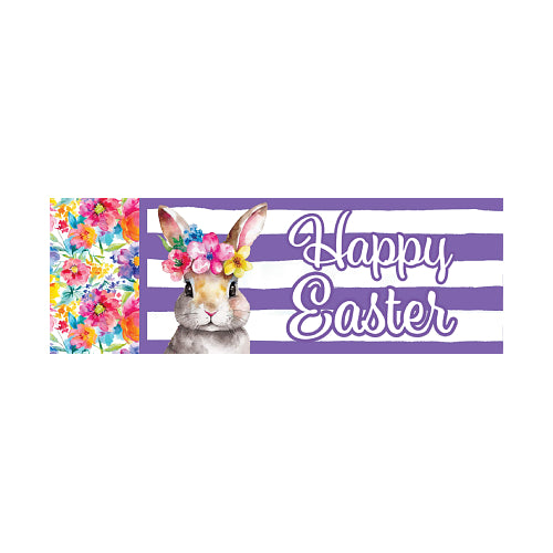 Happy Easter design with a bunny wearing a floral headband and colorful flowers on a horizontal striped background.