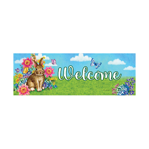 Decorative sign with a rabbit, flowers, and 'Welcome' text on a blue sky background.