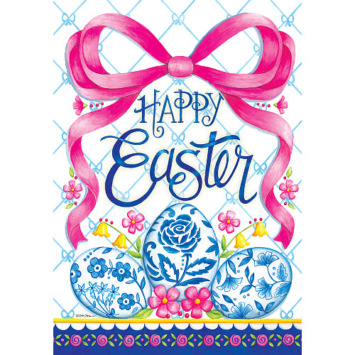 Happy Easter flag with blue and white eggs, pink flowers, and a pink bow and Happy Easter on a white background.