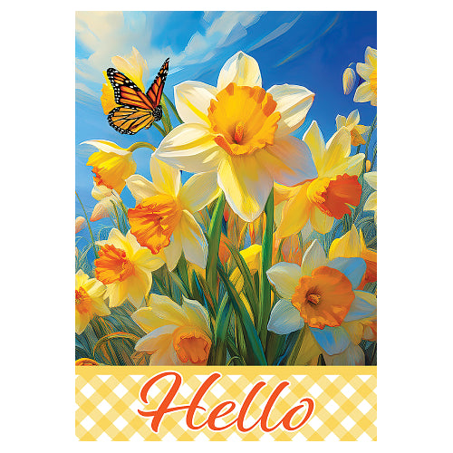 Decorative flag with daffodils, a butterfly on a blue sky background with word 'Hello' atop yellow lattice across the bottom