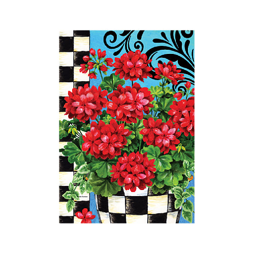 Decorative garden flag with red flowers, green leaves, and a checkered border on a blue background
