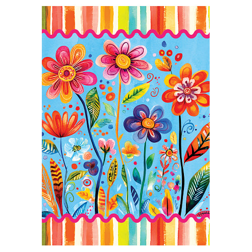 Colorful floral design with a striped border on a blue background