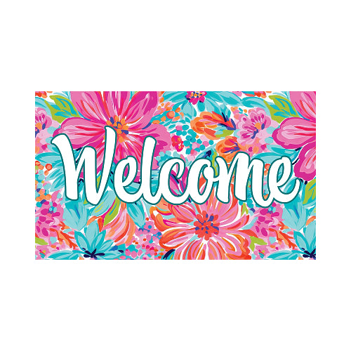 Colorful floral design with the word 'Welcome' on a blue background