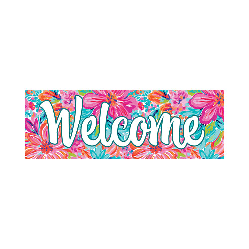 Floral banner with 'Welcome' text on a blue background