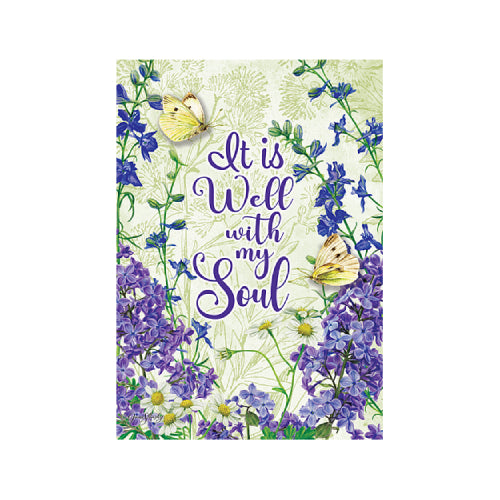 Floral design with butterflies and 'It is Well with my Soul' text on a light green background