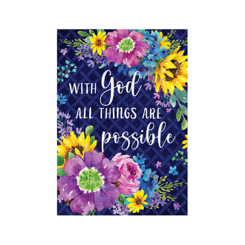 Floral design with motivational quote 'With God All Things Are Possible' on a blue background