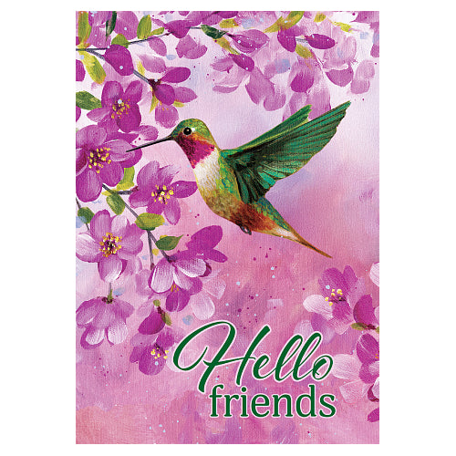 House flag with a hummingbird and pink flowers on a pink background with 'Hello friends' text.