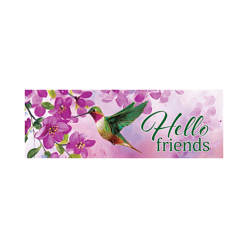 Decorative yard sign with a hummingbird and flowers on a pink background with 'Hello friends' text.