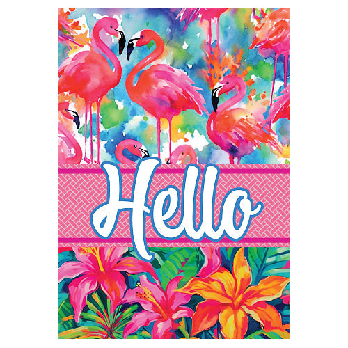 Decorative outdoor flag featuring vibrant watercolor pink flamingos set against a colorful splashed background, with bold "Hello" script lettering on a pink banner and bright tropical flowers including pink and orange lilies.