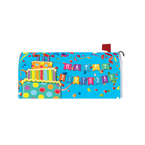 Mailbox cover with birthday cake and 'Happy Birthday' text on a blue background