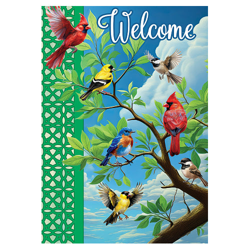 Decorative house flag with colorful birds on a branch and 'Welcome' text.