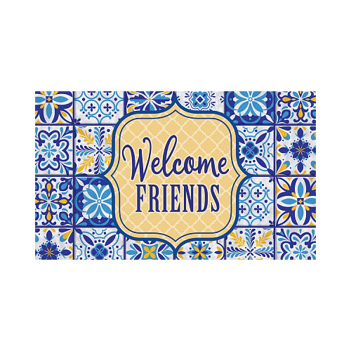 Decorative floor mat with blue and yellow tile patterns and 'Welcome Friends' text on a white background