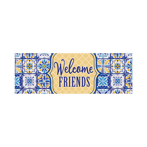Decorative yard sign with 'Welcome Friends' text and mosaic tile pattern