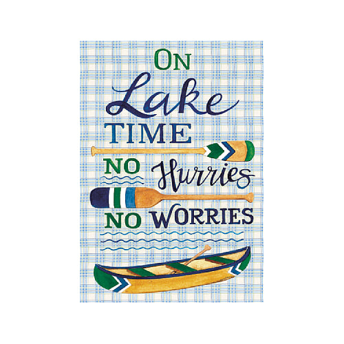 Custom Decor On Lake Time No Hurries No Worries summer flag with navy, green, and gold paddles, canoe, and plaid design background.