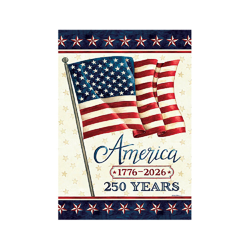 Decorative flag with a waving American flag and 'America, 1776-2026, 250 Years text on a star-patterned background.
