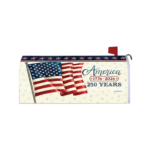 Mailbox cover with American flag and 'America 1776-2026 250 Years' text on a white background