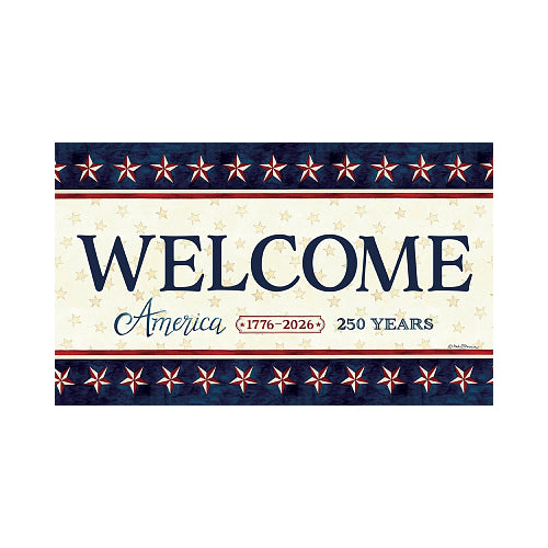 Decorative floor mat with 'Welcome America' text and star design on a white background