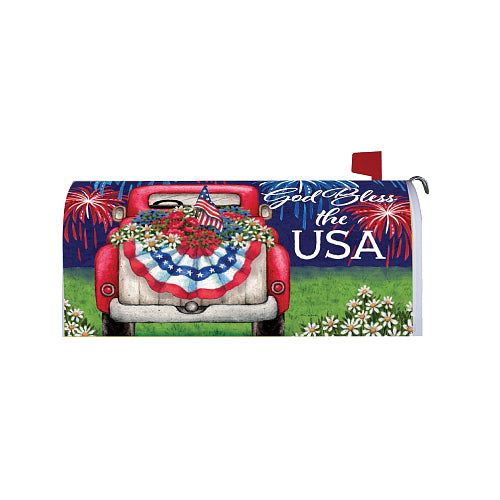 Mailbox cover with a red truck, American flag, and 'God Bless the USA' text.