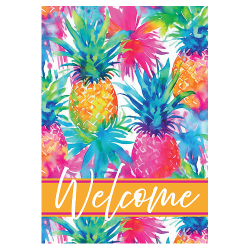 Custom Decor standard size welcome flag with watercolor-style pineapple artwork in bright yellow, green, and pink tones.