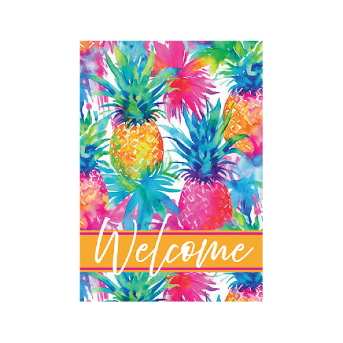 Custom Decor garden size welcome flag with watercolor-style pineapple artwork in bright yellow, green, and pink tones.