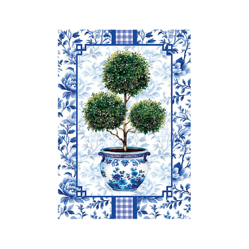 Decorative flag with a potted plant in a blue and white pot against a floral and geometric patterned background.