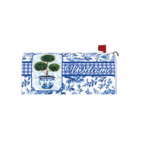 Mailbox cover with blue and white floral pattern, potted tree design, and 'Welcome' text on a white background.